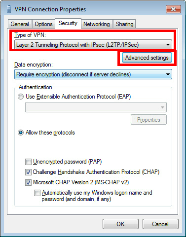 Schimbati tabul de la General la Security, selectati Layer 2 Tunneling Protocol with IPsec (L2TP/IPSec)