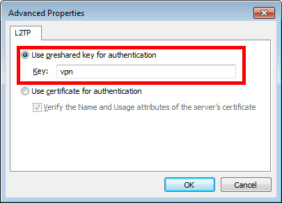 Bifati Use preshared key for authentication, si introduceti Key: vpn