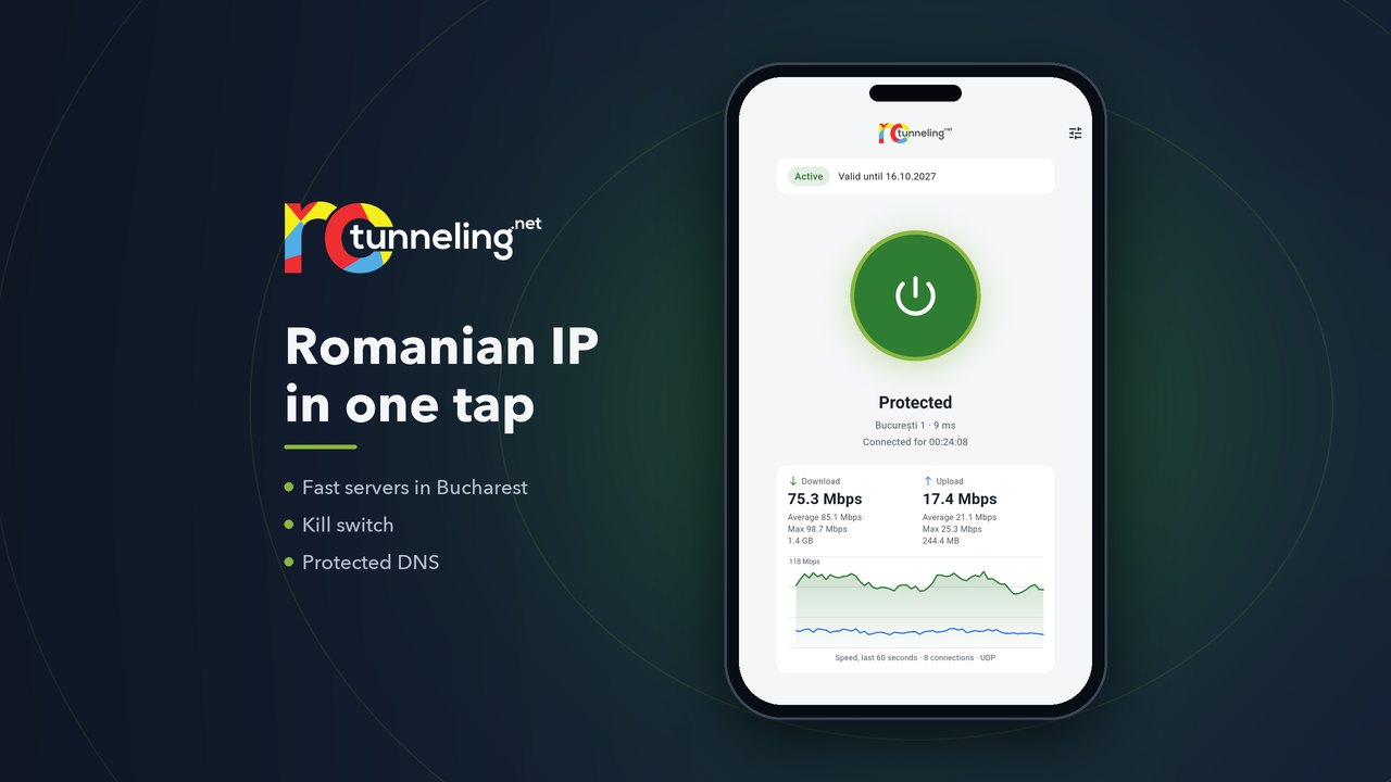 RoTunneling VPN app on an Android phone: Romanian IP in one tap