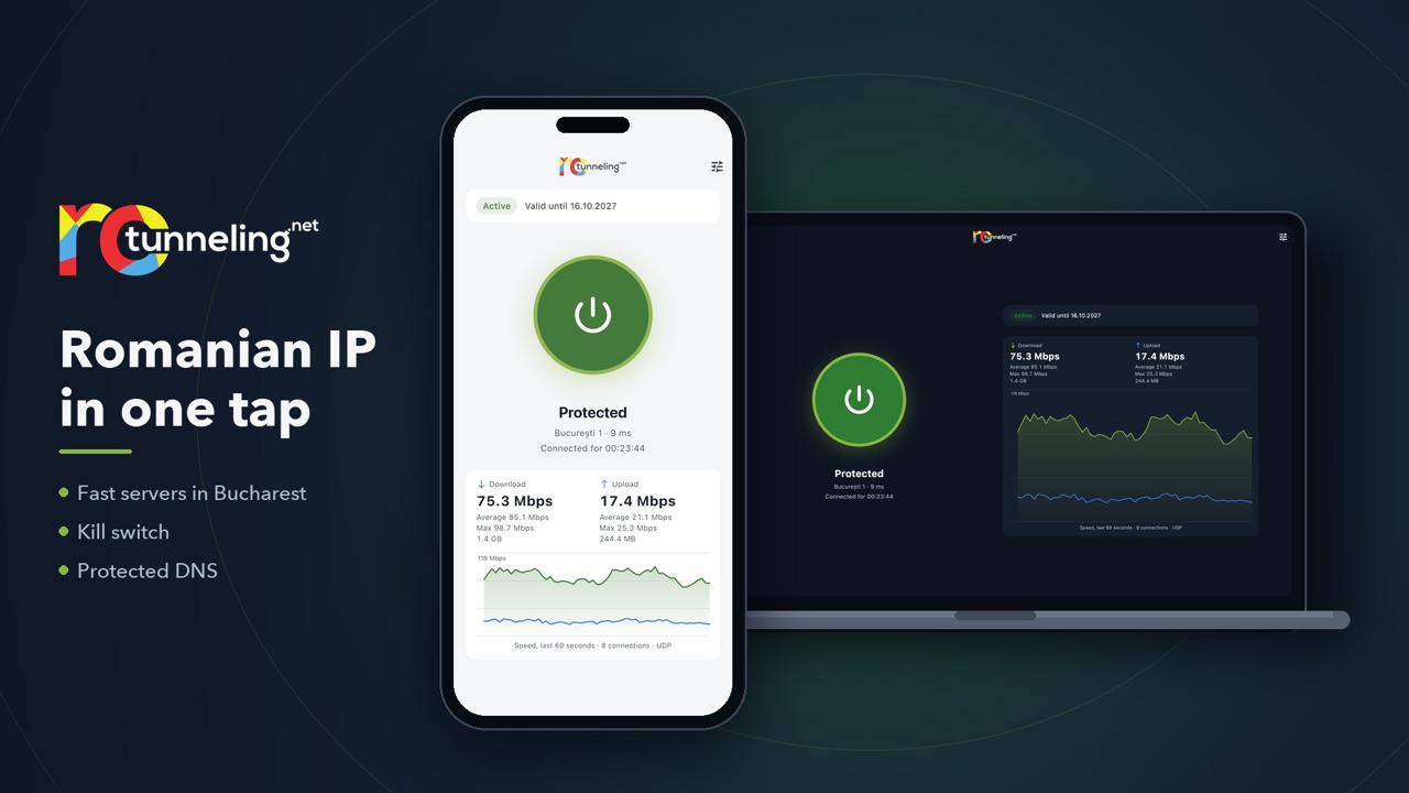 RoTunneling VPN app on a laptop and a phone: Romanian IP in one tap