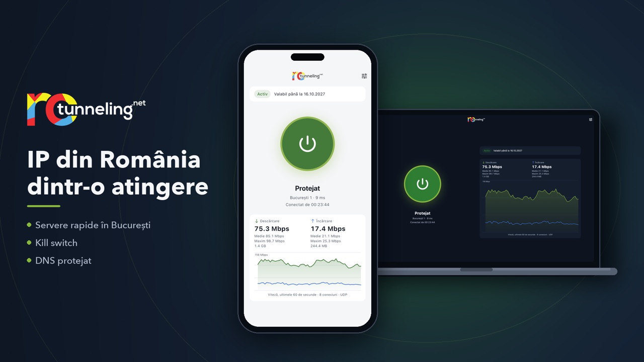 Aplicatia RoTunneling VPN pe laptop si telefon: IP din Romania dintr-o atingere