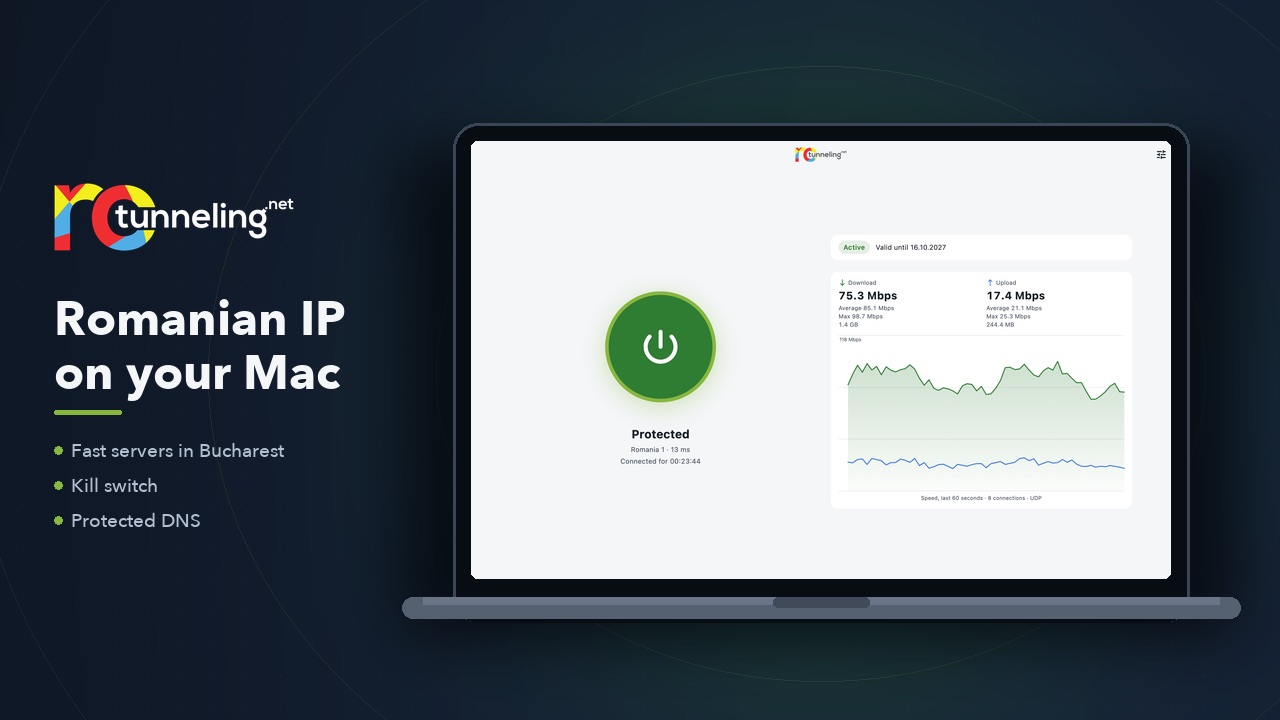 RoTunneling VPN app on a Mac: Romanian IP in one click