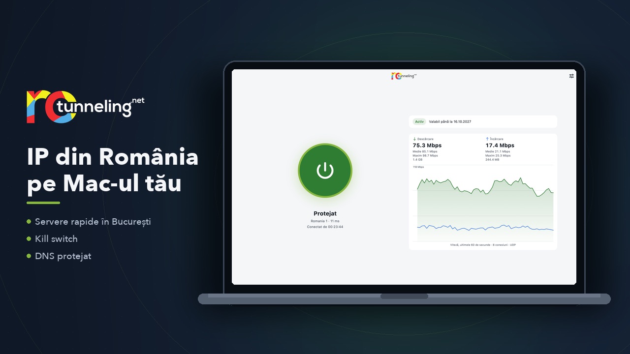 Aplicația RoTunneling VPN pe un Mac: IP din România dintr-un clic